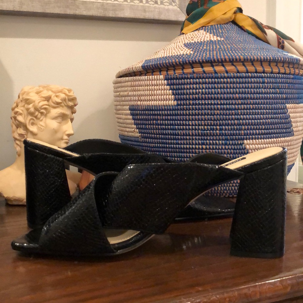 Black snakeskin square-toed heels